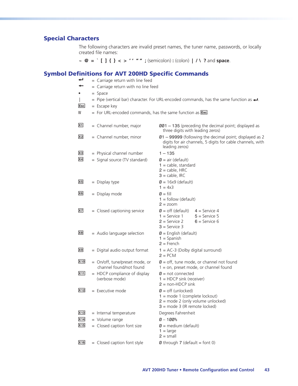 Special characters, Symbol definitions for avt 200hd specific commands, Commands | Extron Electronics AVT 200HD User Guide User Manual | Page 49 / 118