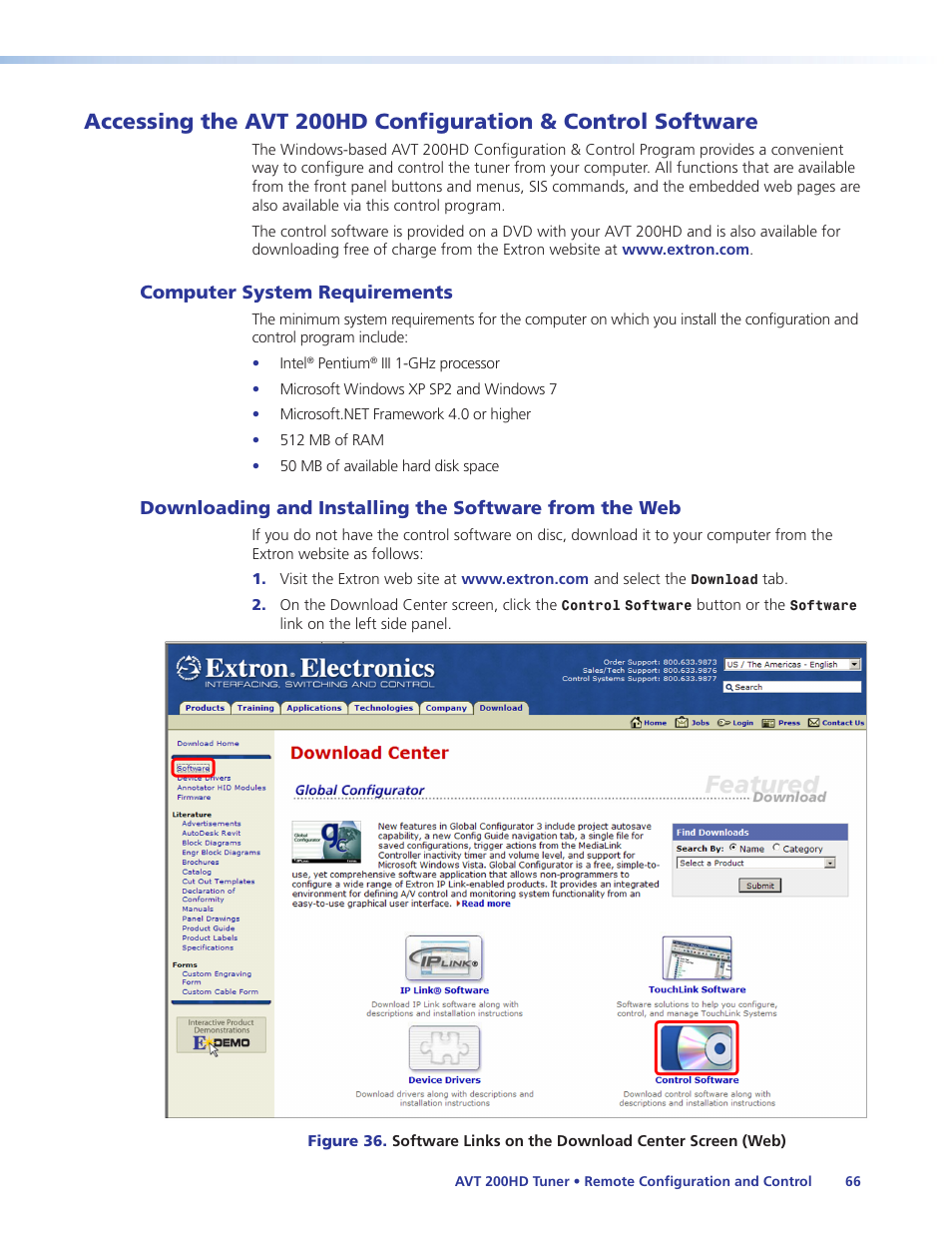 Computer system requirements, Accessing the avt 200hd configuration, Control software | From the web, Avt 200hd configuration & control program, Or the, Accessing the avt 200hd configuration and, Accessing the avt 200hd control software | Extron Electronics AVT 200HD User Guide User Manual | Page 72 / 118
