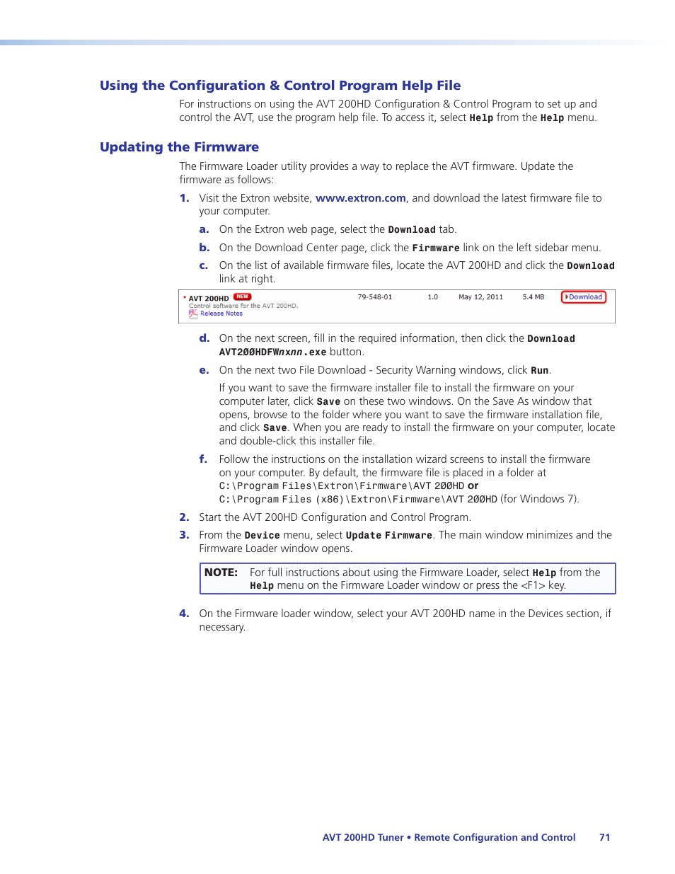 Updating the firmware, Using the configuration & control program, Help file | Extron Electronics AVT 200HD User Guide User Manual | Page 77 / 118