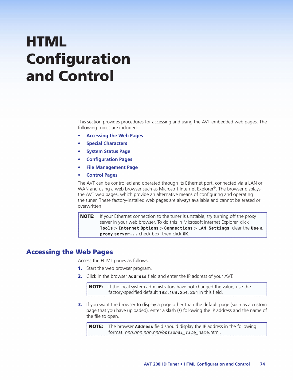 Html configuration and control, Accessing the web pages | Extron Electronics AVT 200HD User Guide User Manual | Page 80 / 118