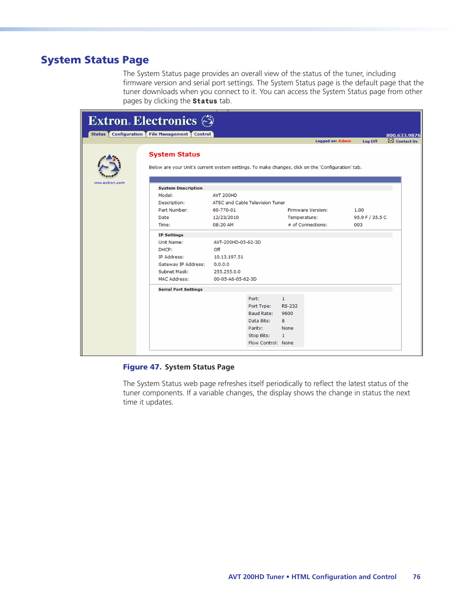System status page | Extron Electronics AVT 200HD User Guide User Manual | Page 82 / 118