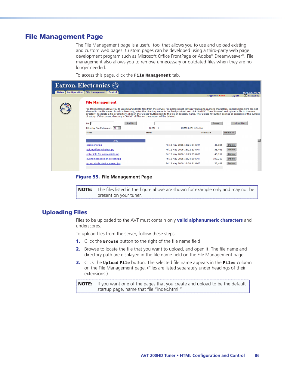 Uploading files, File management page | Extron Electronics AVT 200HD User Guide User Manual | Page 92 / 118