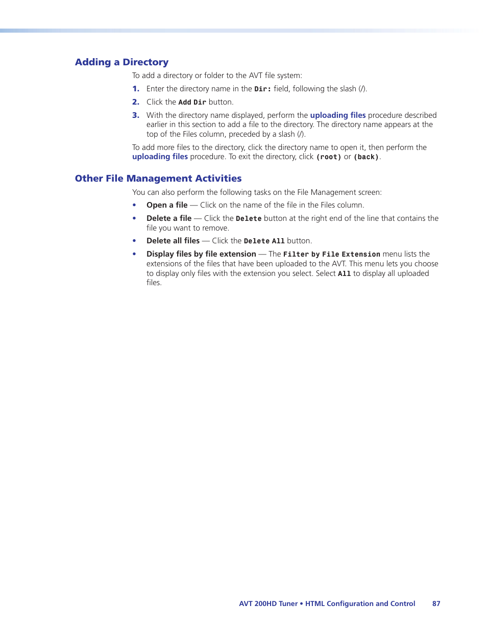 Adding a directory, Other file management activities | Extron Electronics AVT 200HD User Guide User Manual | Page 93 / 118
