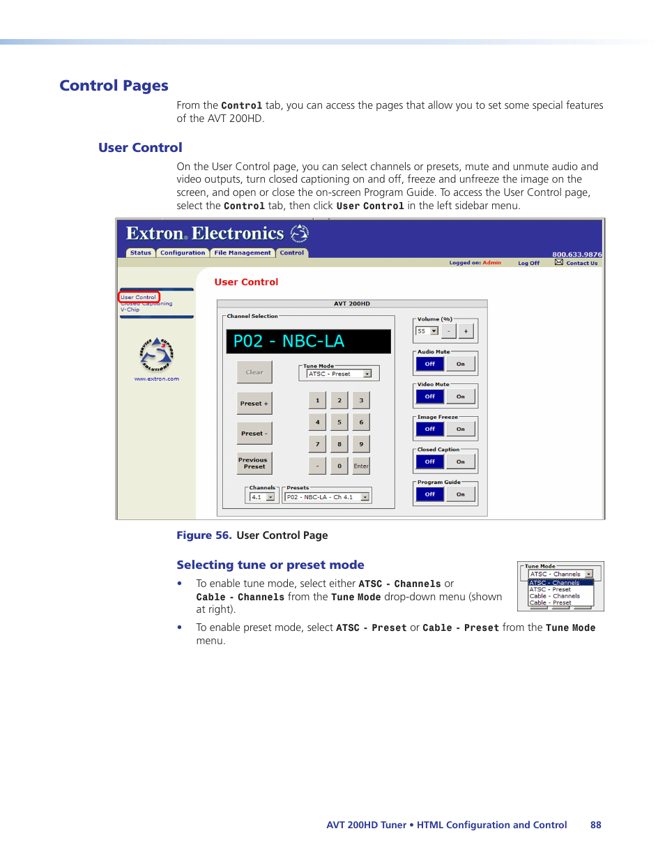 User control, Control pages | Extron Electronics AVT 200HD User Guide User Manual | Page 94 / 118