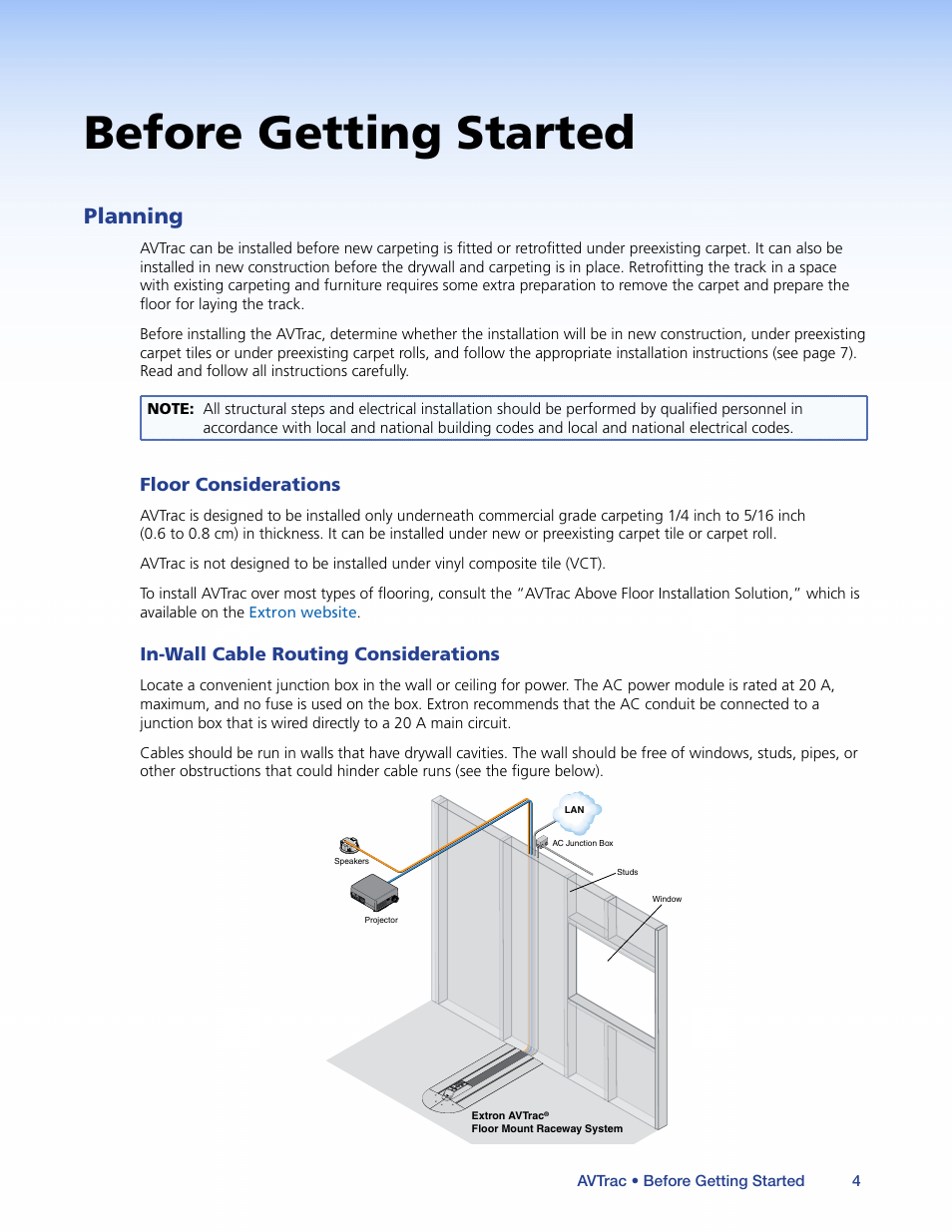 Before getting started, Planning, Floor considerations | In-wall cable routing considerations | Extron Electronics AVTrac (482) User Guide User Manual | Page 10 / 28
