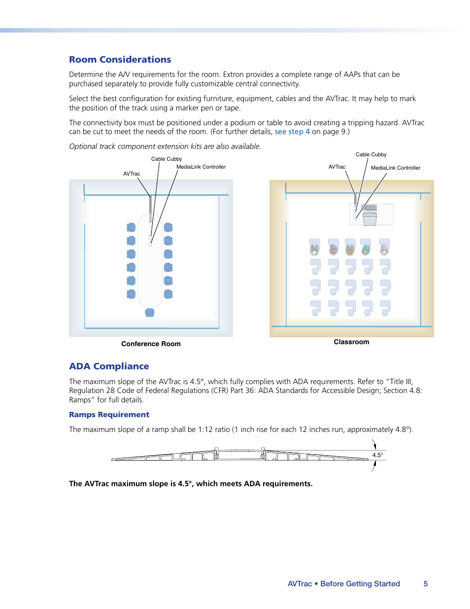 Room considerations, Ada compliance | Extron Electronics AVTrac (482) User Guide User Manual | Page 11 / 28