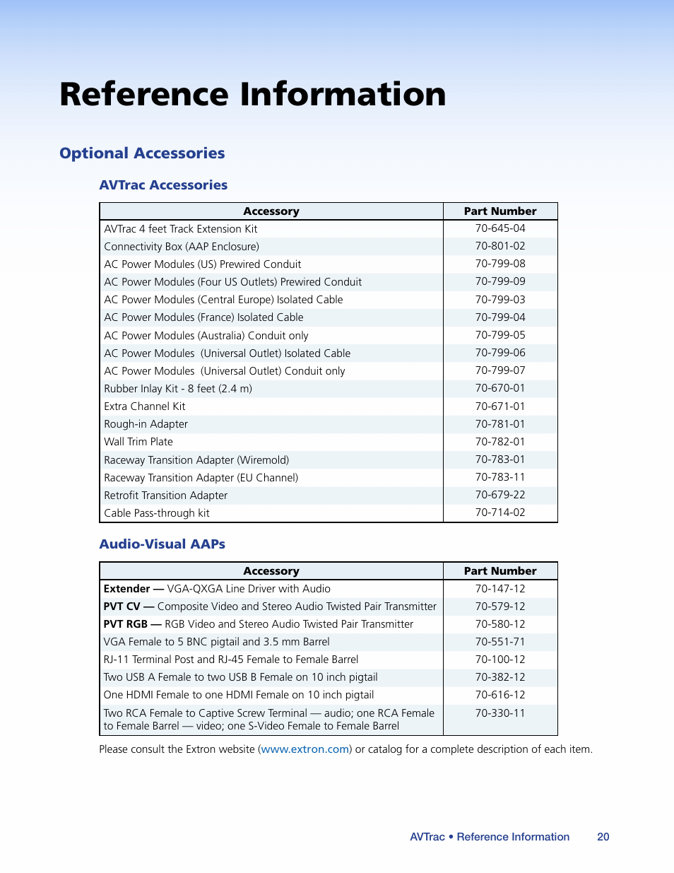 Reference information, Optional accessories, Avtrac accessories | Audio-visual aaps | Extron Electronics AVTrac (482) User Guide User Manual | Page 26 / 28