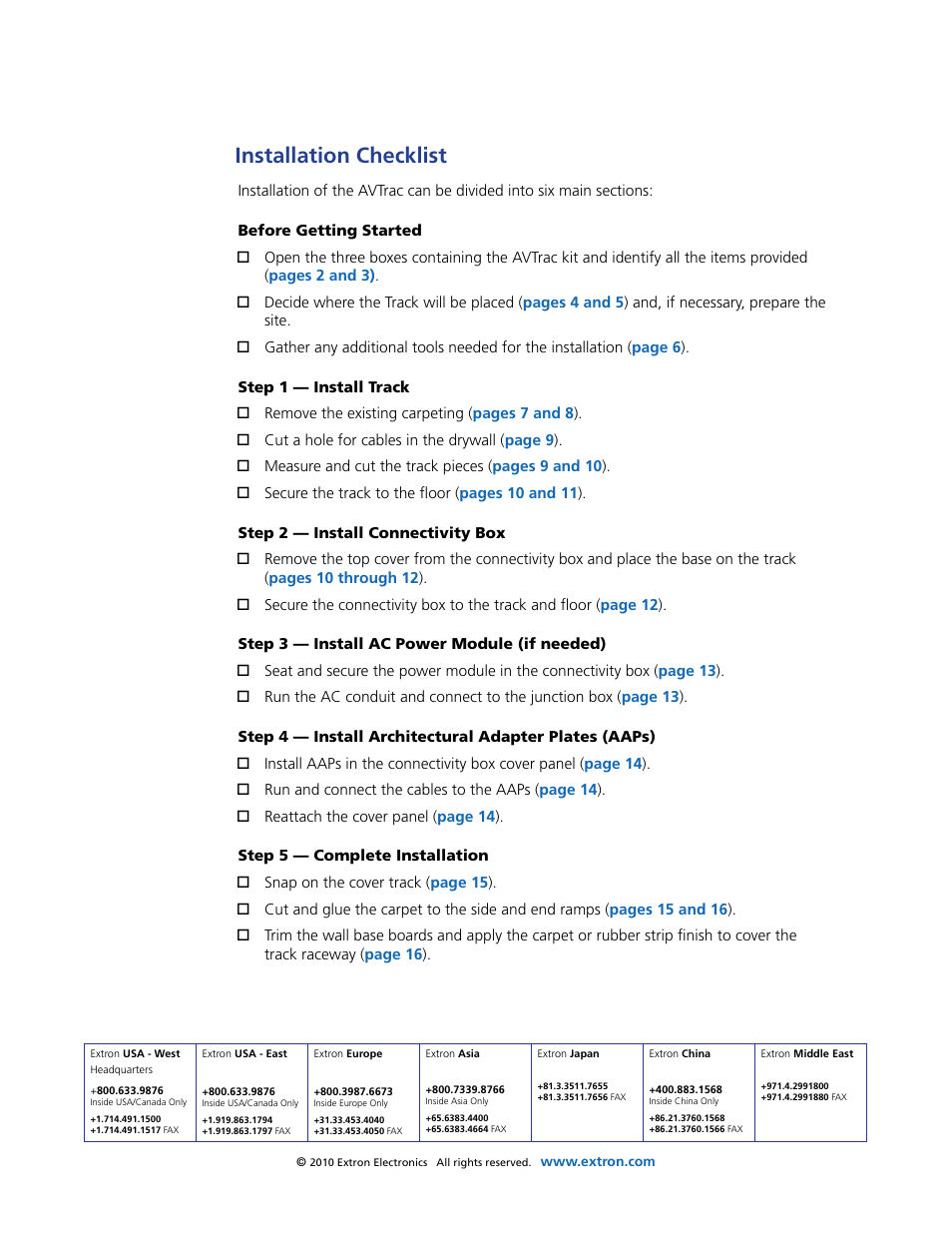 Installation checklist, Extron contact information | Extron Electronics AVTrac (482) User Guide User Manual | Page 28 / 28