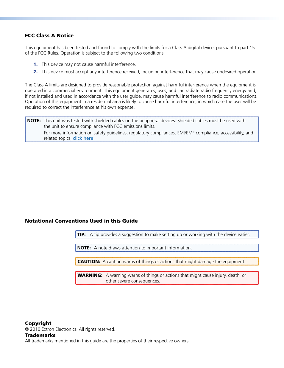 Fcc class a notice, Notational conventions used in this guide | Extron Electronics AVTrac (482) User Guide User Manual | Page 3 / 28
