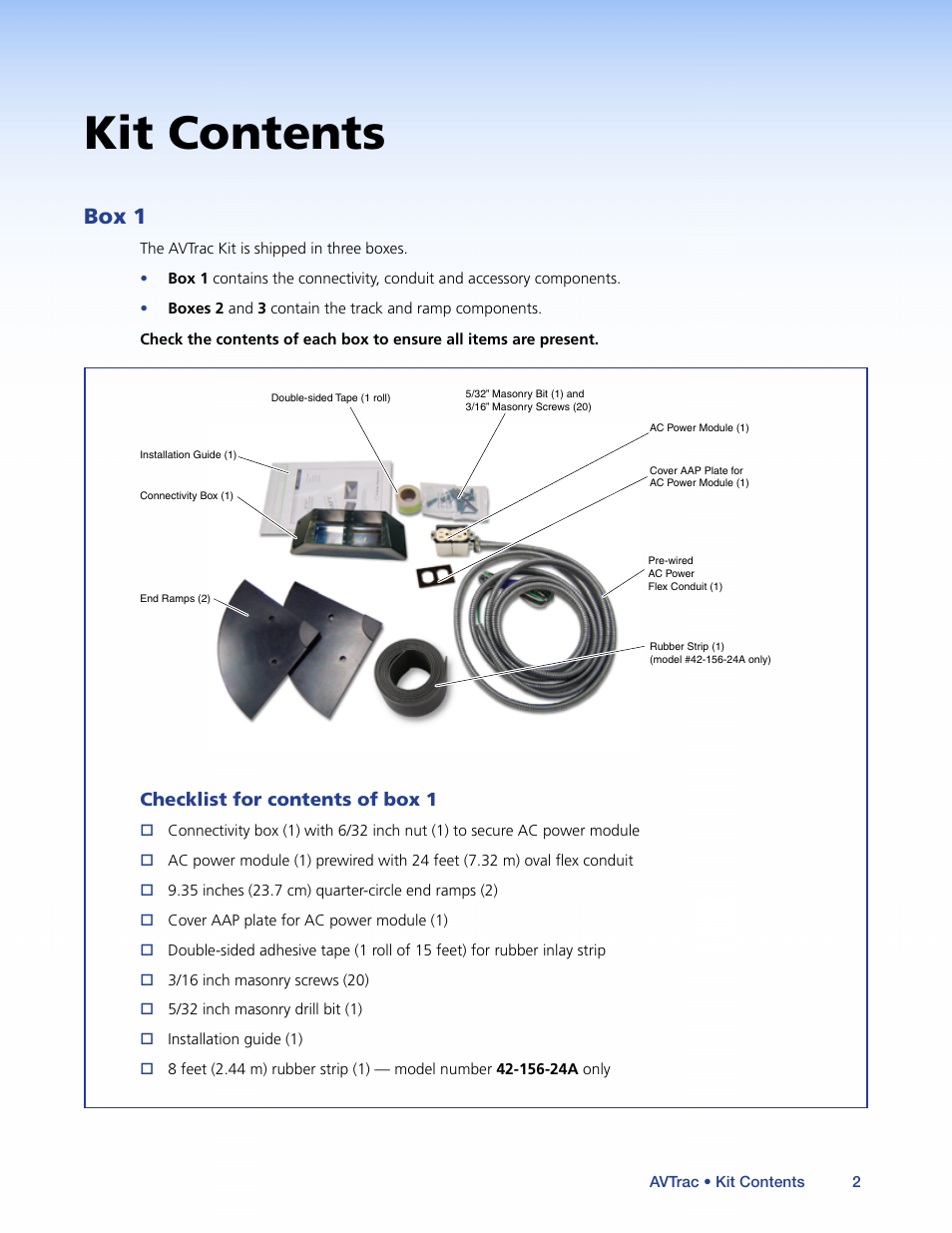 Kit contents, Box 1, Checklist for contents of box 1 | Extron Electronics AVTrac (482) User Guide User Manual | Page 8 / 28