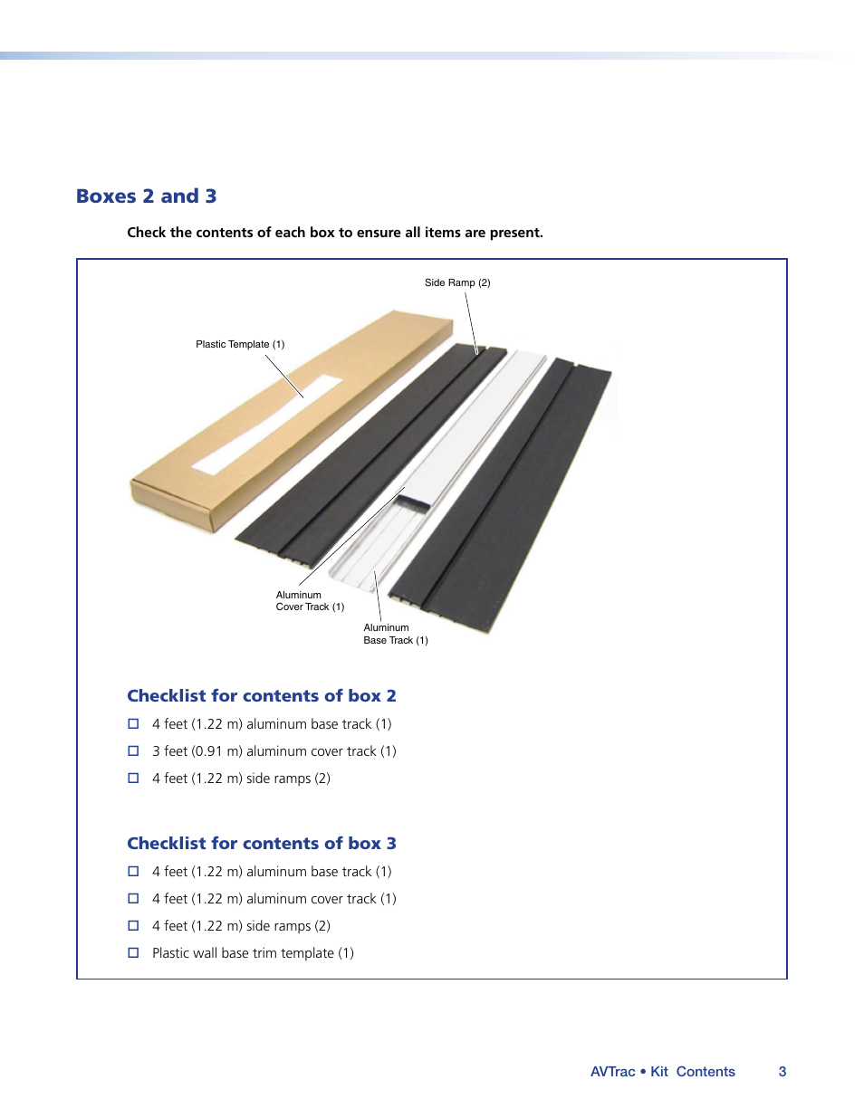 Boxes 2 and 3, Checklist for contents of box 2, Checklist for contents of box 3 | Extron Electronics AVTrac (482) User Guide User Manual | Page 9 / 28