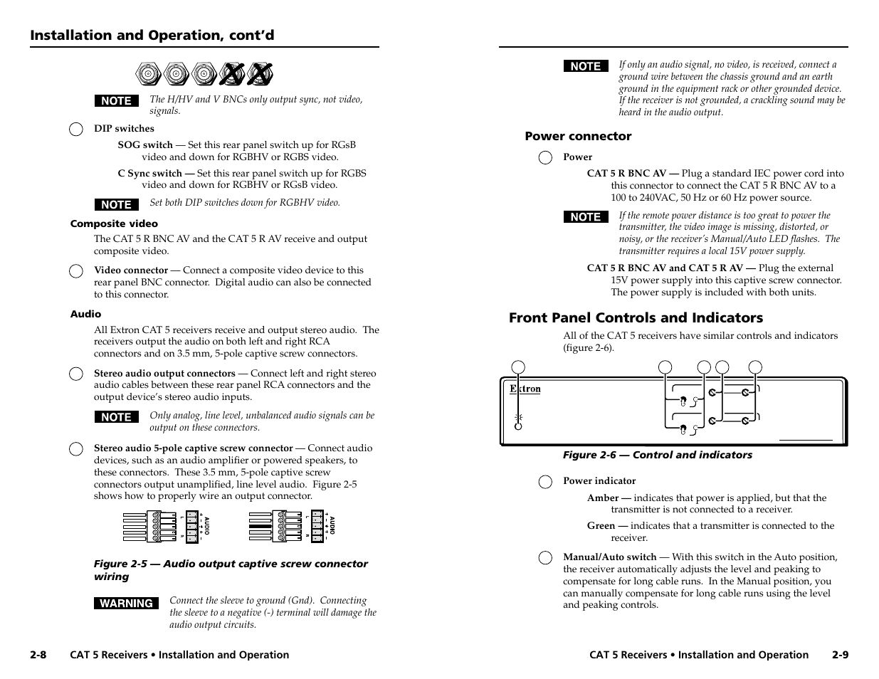 Installation and operation, cont’d, Front panel controls and indicators, Power connector | Extron Electronics CAT 5 Receivers User Manual | Page 10 / 15