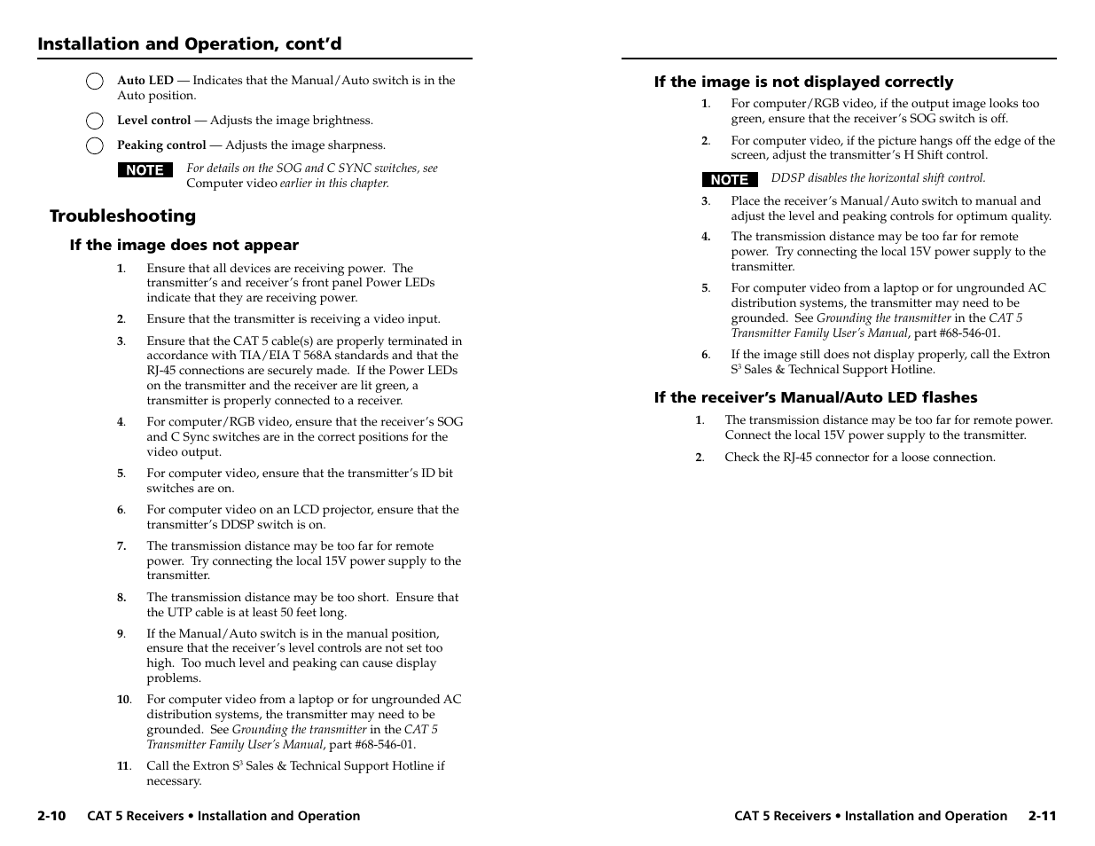 Installation and operation, cont’d, Troubleshooting | Extron Electronics CAT 5 Receivers User Manual | Page 11 / 15