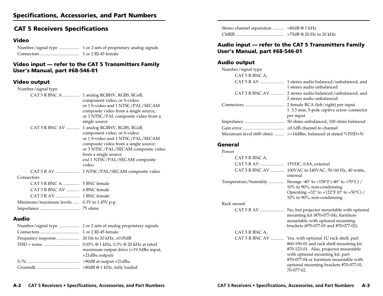 Cat 5 receivers specifications, Specifications, accessories, and part numbers | Extron Electronics CAT 5 Receivers User Manual | Page 13 / 15