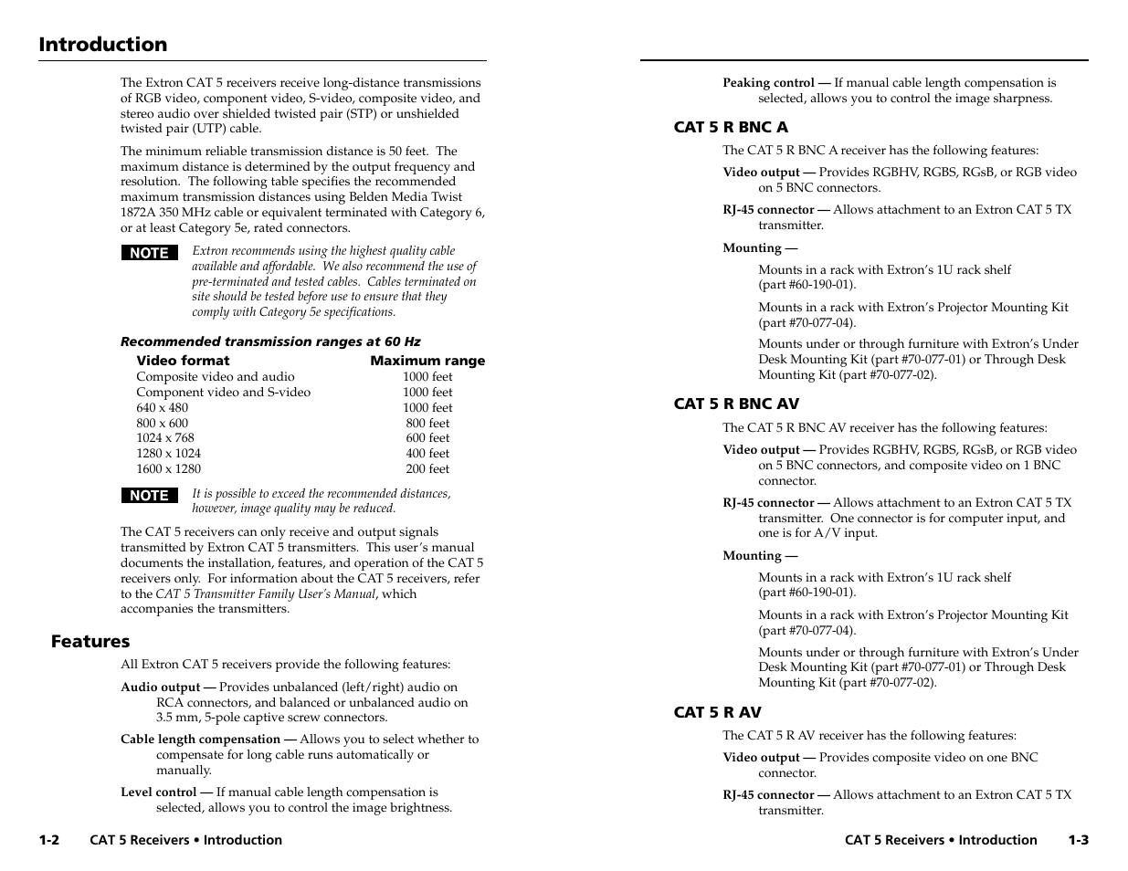 Introduction, Introduction, cont’d, Features | Extron Electronics CAT 5 Receivers User Manual | Page 5 / 15