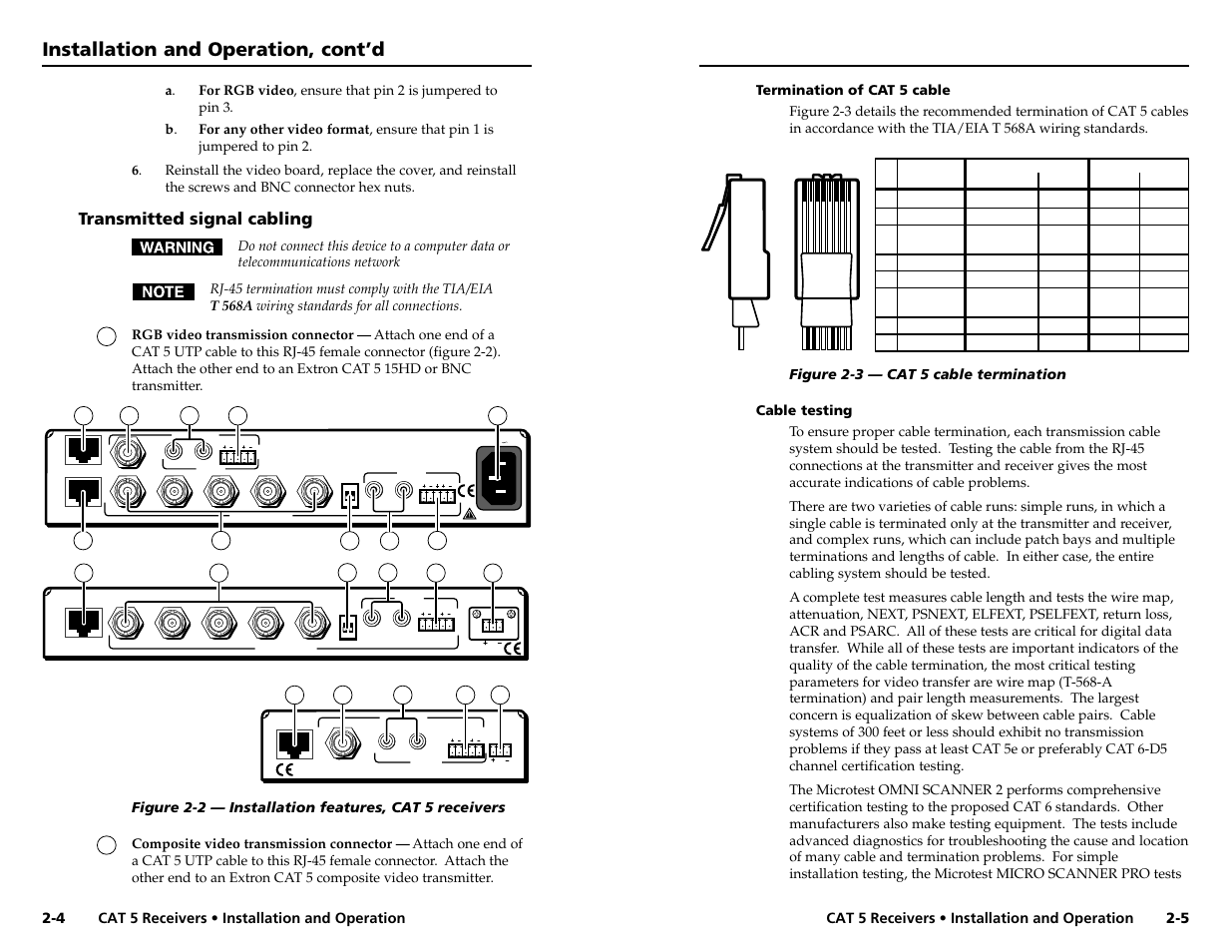 Installation and operation, cont’d, Transmitted signal cabling, Cat 5 receivers • installation and operation | Figure 2-3 — cat 5 cable termination | Extron Electronics CAT 5 Receivers User Manual | Page 8 / 15