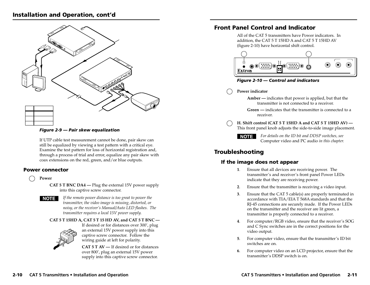 Installation and operation, cont’d, Front panel control and indicator, Troubleshooting | Extron Electronics CAT 5 Transmitters User Manual | Page 11 / 15