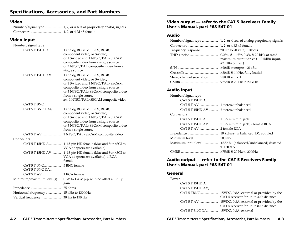 Specifications, accessories, and part numbers | Extron Electronics CAT 5 Transmitters User Manual | Page 13 / 15