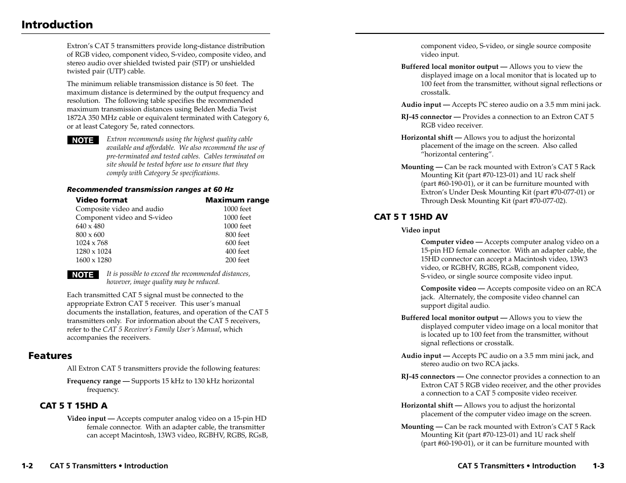 Introduction, Introduction, cont’d, Features | Extron Electronics CAT 5 Transmitters User Manual | Page 5 / 15