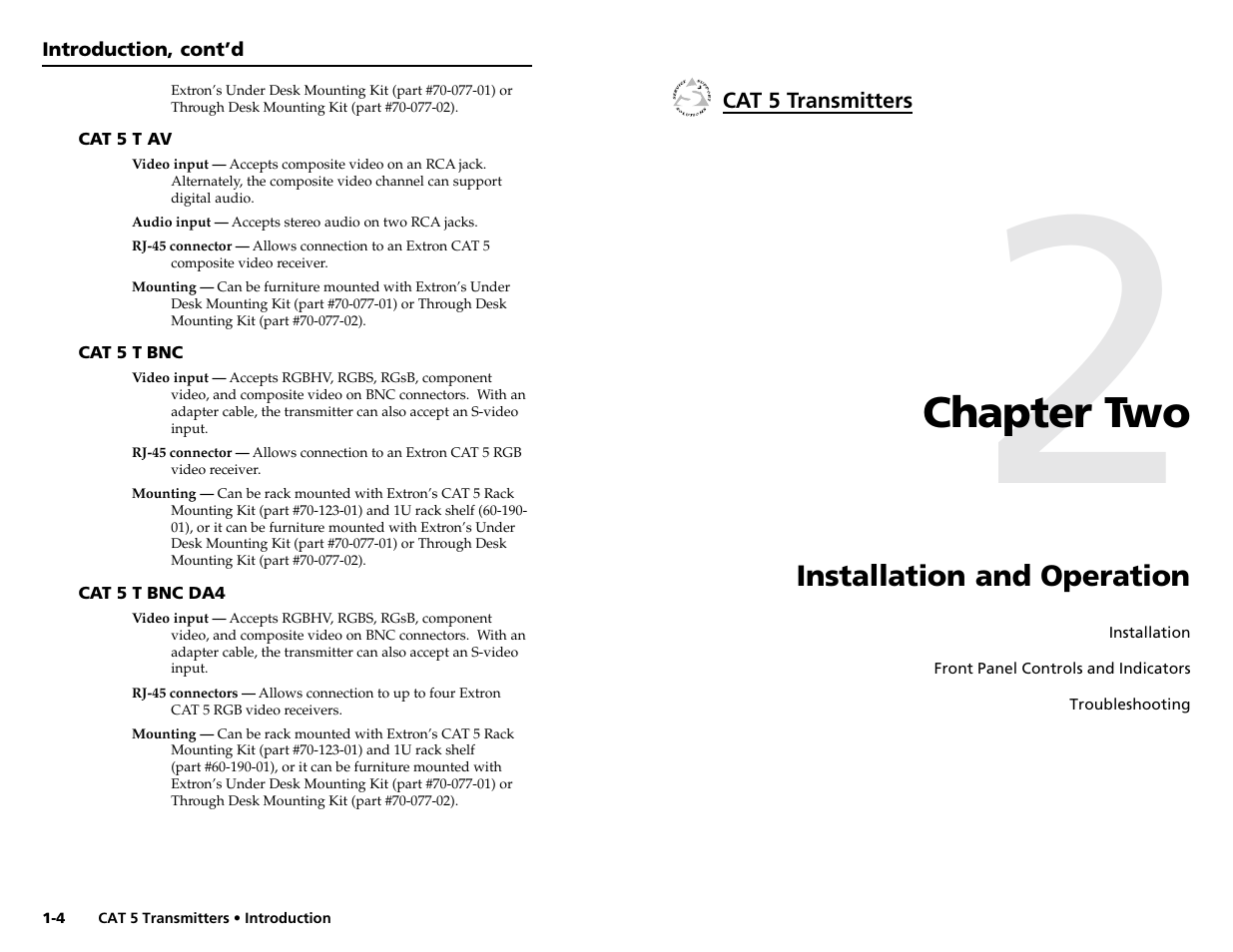 Chapter two, Installation and operation | Extron Electronics CAT 5 Transmitters User Manual | Page 6 / 15