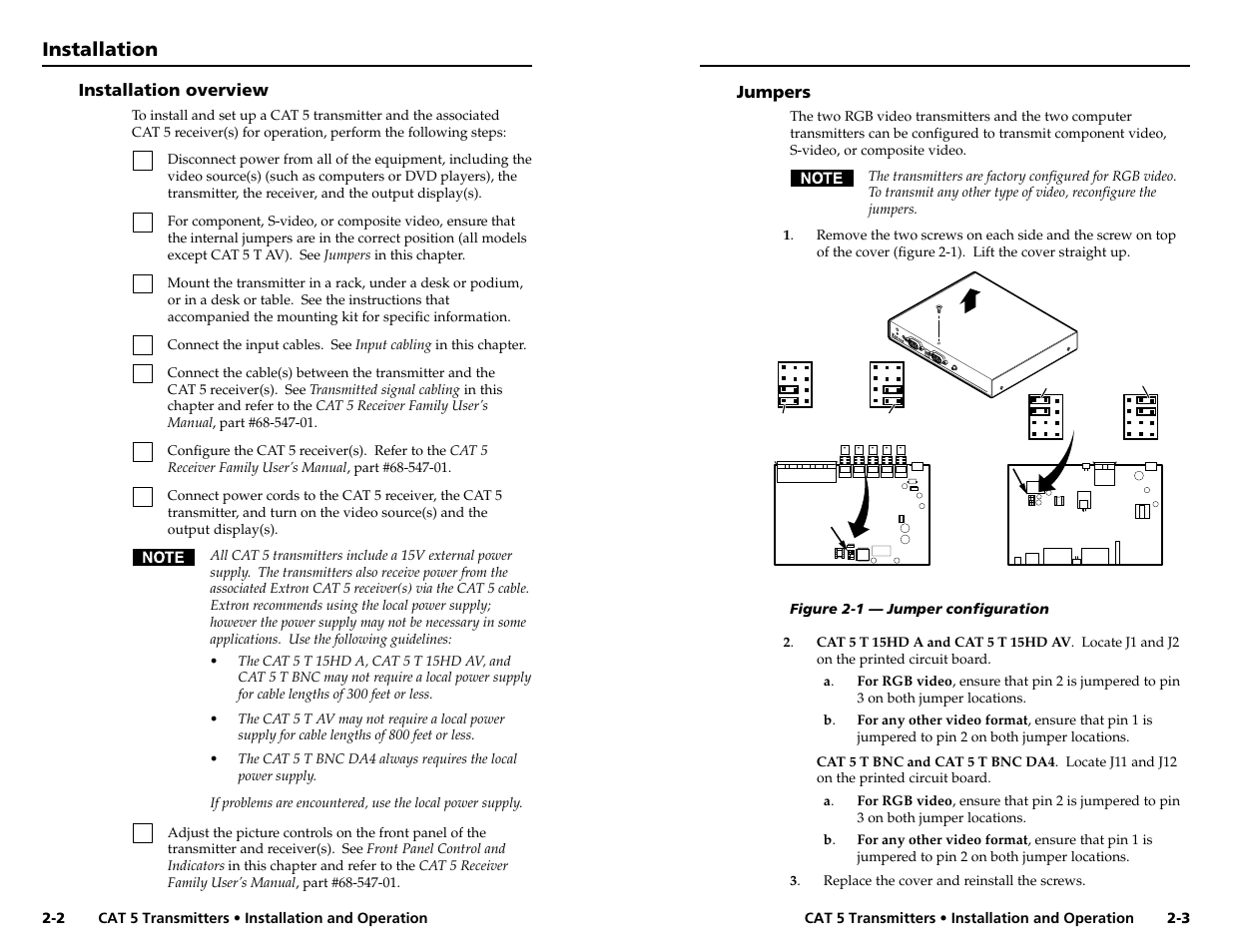 Installation and operation, cont’d, Installation | Extron Electronics CAT 5 Transmitters User Manual | Page 7 / 15