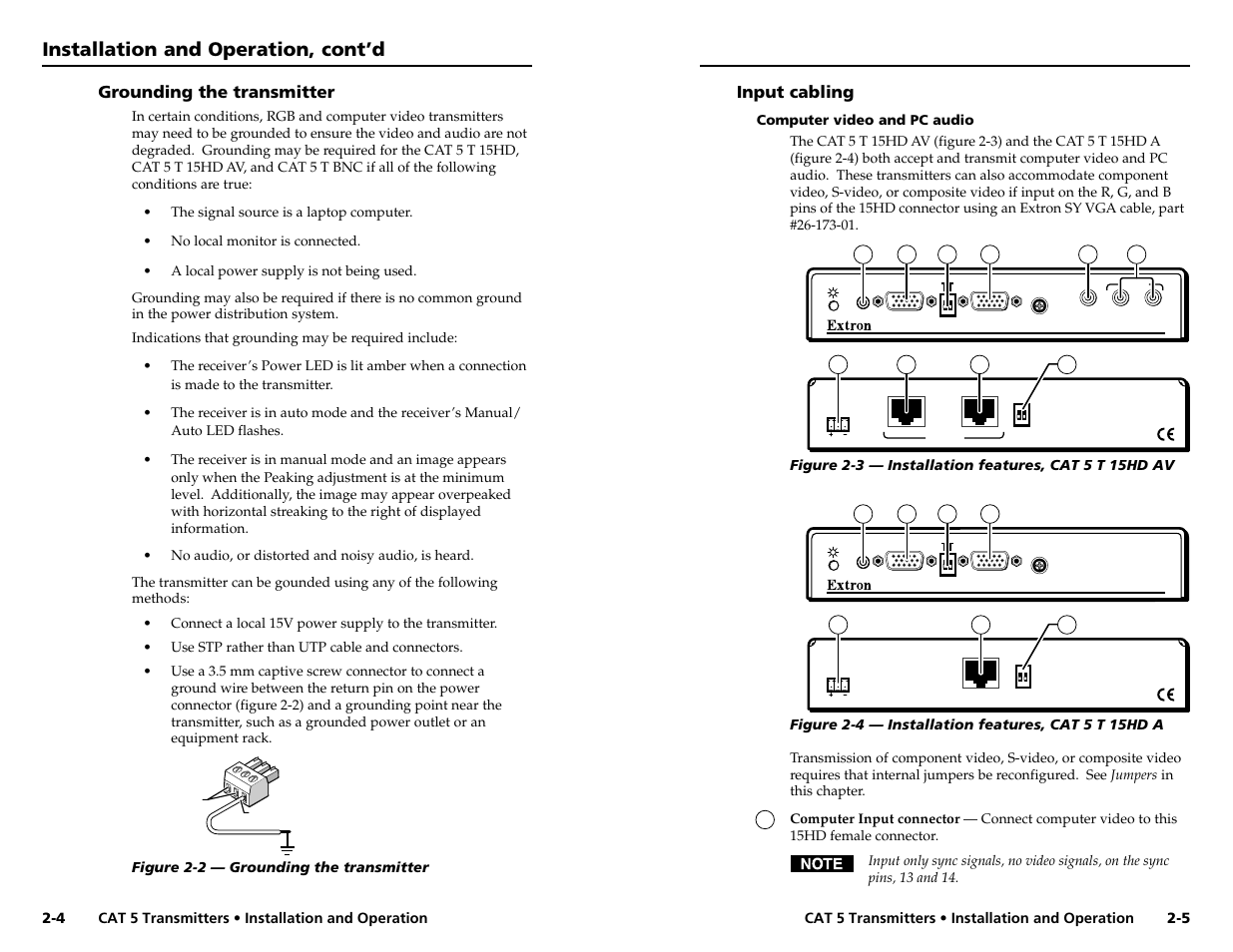 Installation and operation, cont’d, Grounding the transmitter, Input cabling | Extron Electronics CAT 5 Transmitters User Manual | Page 8 / 15