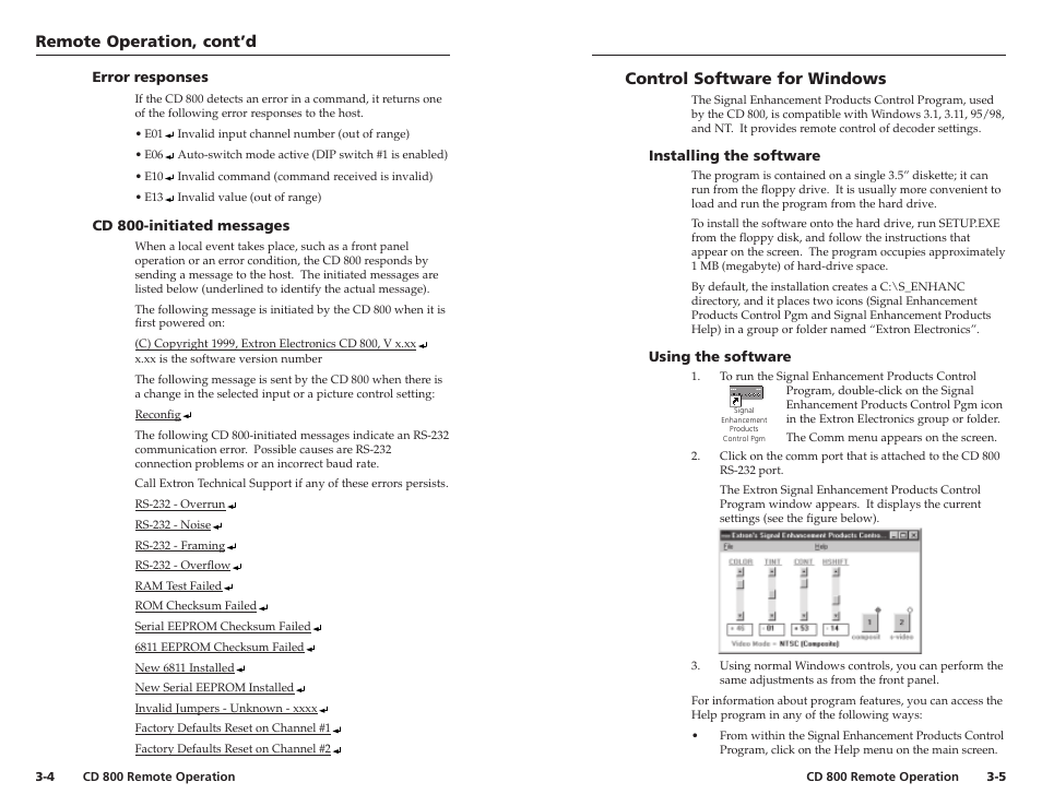 Remote operation, cont’d, Control software for windows | Extron Electronics CD 800 User Manual | Page 12 / 15