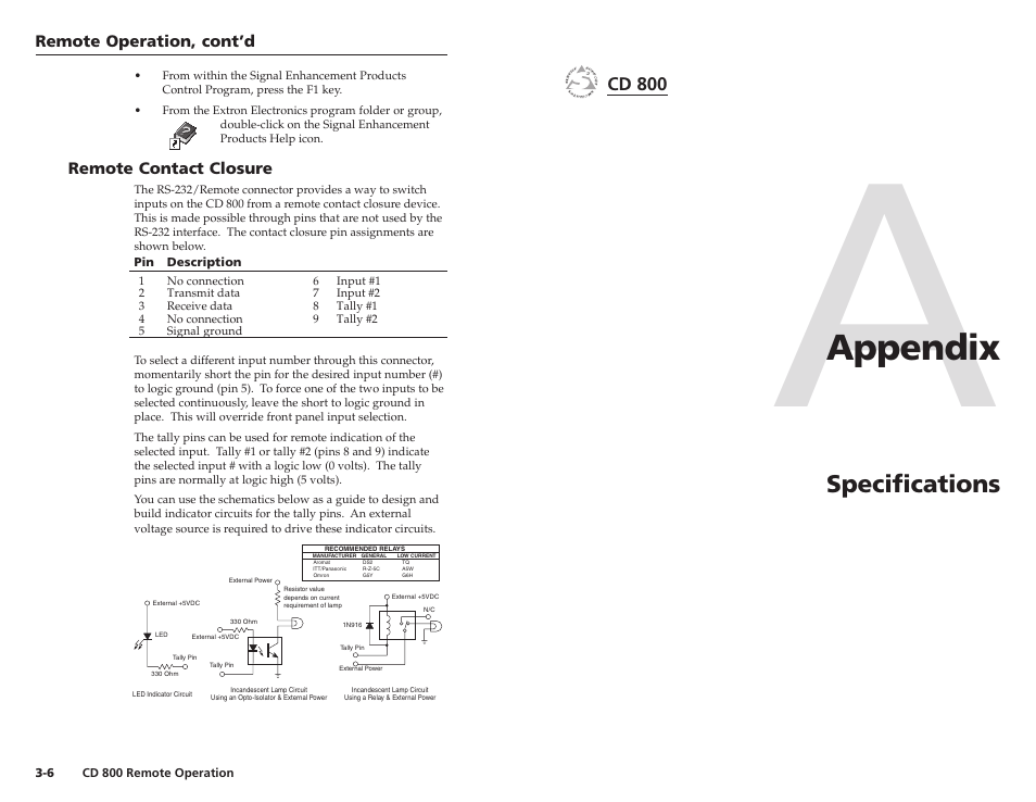 Appendix, Specifications | Extron Electronics CD 800 User Manual | Page 13 / 15