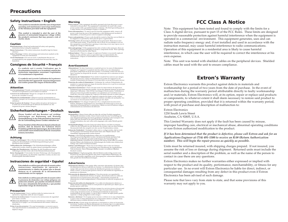 Precautions, Fcc class a notice, Extron’s warranty | Instrucciones de seguridad • español | Extron Electronics CD 800 User Manual | Page 2 / 15