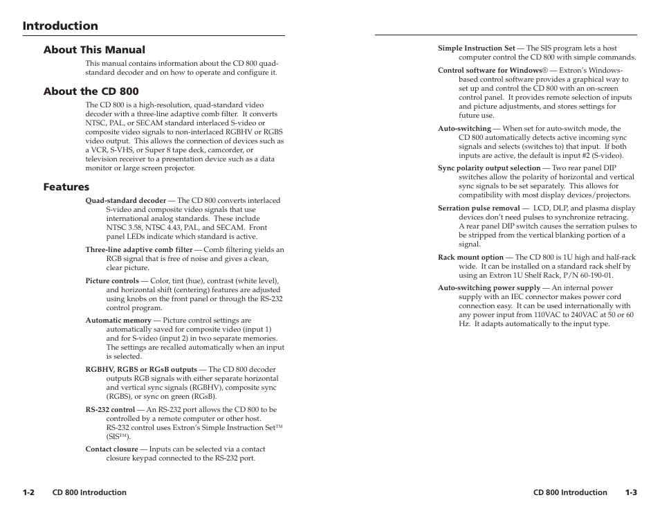 Introduction, Introduction, cont’d, About this manual | About the cd 800, Features | Extron Electronics CD 800 User Manual | Page 5 / 15