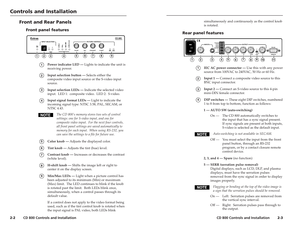 Controls and installation, Controls and installation, cont’d, Front and rear panels | Front panel features, Rear panel features | Extron Electronics CD 800 User Manual | Page 7 / 15