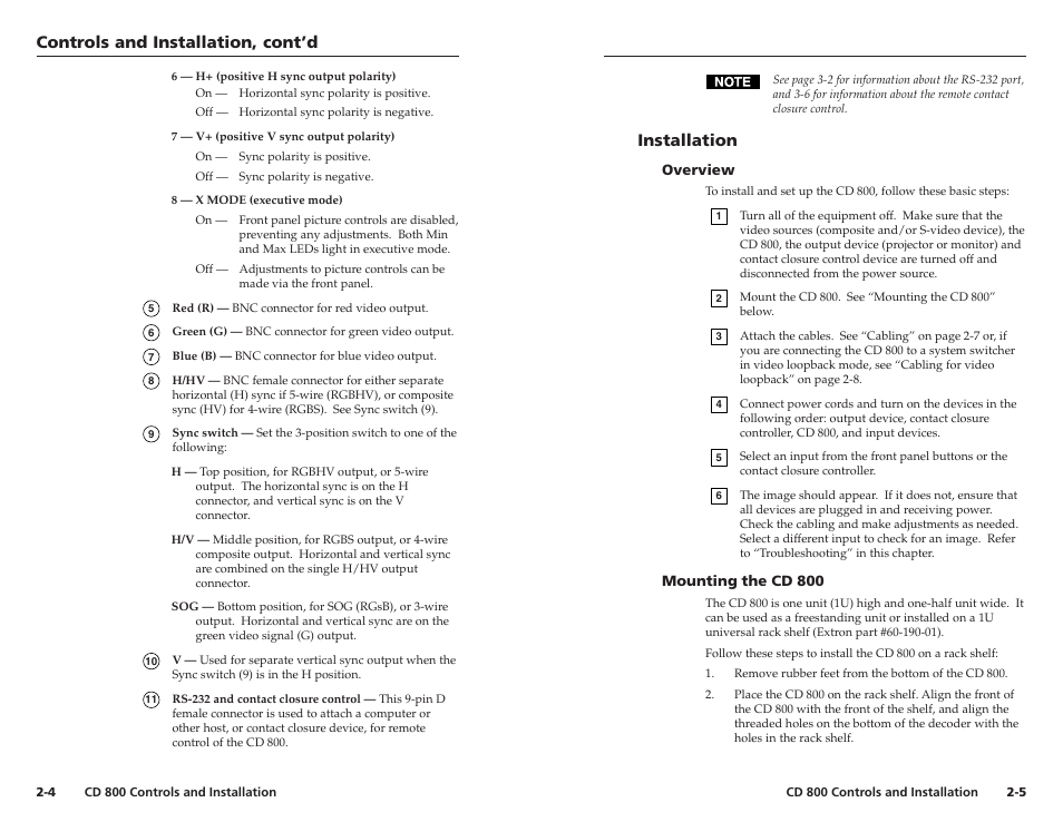 Controls and installation, cont’d, Installation | Extron Electronics CD 800 User Manual | Page 8 / 15