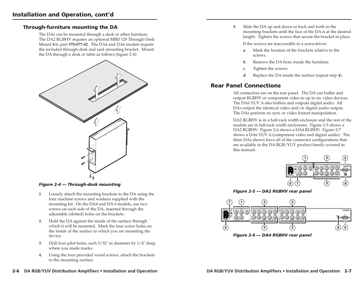 Installation and operation, cont’d, Rear panel connections, Wide ban d dis trib utio n am plif ier | Ac/dc gain/peak on, Through-furniture mounting the da, Figure 2-4 — through-desk mounting, Figure 2-5 — da2 rgbhv rear panel, Figure 2-6 — da4 rgbhv rear panel | Extron Electronics DA RGB_YUV Series User Manual | Page 10 / 17