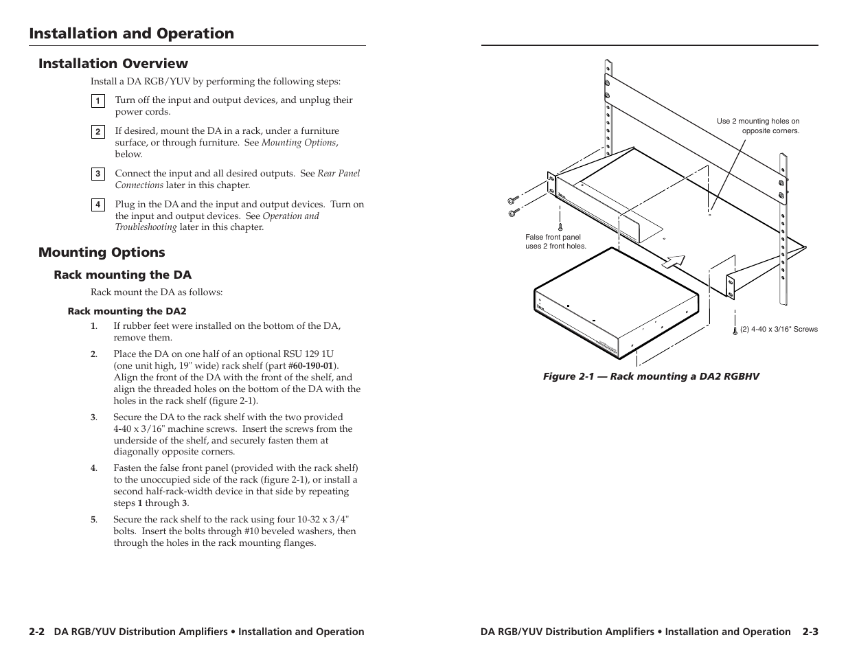 Installation and operation, Installation overview, Mounting options | Wide ba nd dis tr ibu tio n a mp lif ier | Extron Electronics DA RGB_YUV Series User Manual | Page 8 / 17