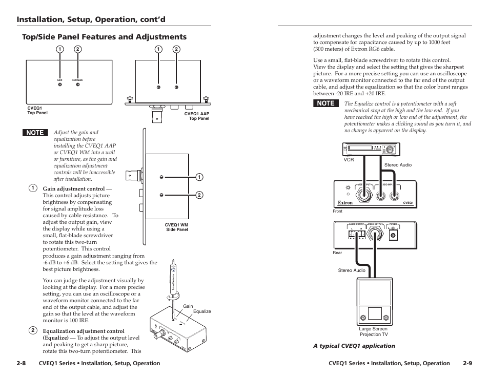 Installation, setup, operation, cont’d, Top/side panel features and adjustments | Extron Electronics CVEQ1, CVEQ1 WM, CVEQ1 AAP User Manual | Page 11 / 17