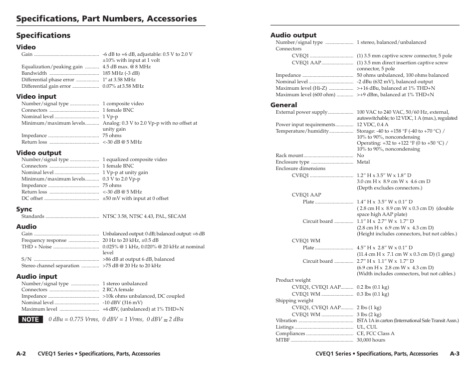 Speciﬁcations, part numbers, accessories, Speciﬁcations | Extron Electronics CVEQ1, CVEQ1 WM, CVEQ1 AAP User Manual | Page 14 / 17