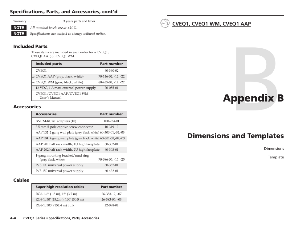 Appendix b: dimensions and templates, Appendix b, Dimensions and templates | Extron Electronics CVEQ1, CVEQ1 WM, CVEQ1 AAP User Manual | Page 15 / 17
