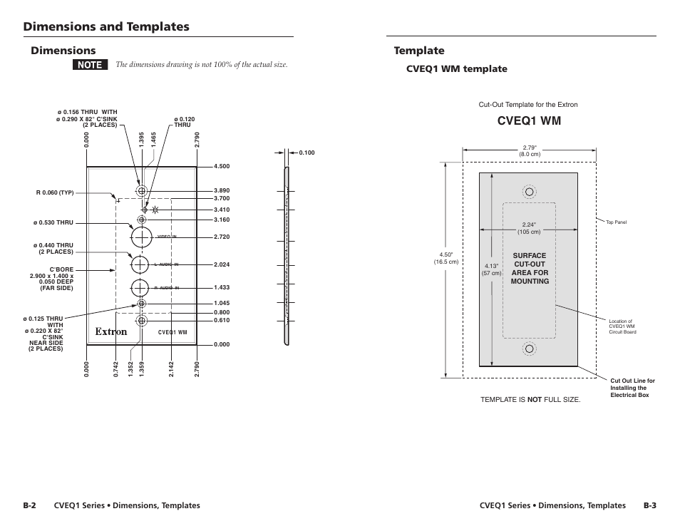 Dimensions and templates, Cveq1 wm, Template | Dimensions, Cveq1 wm template | Extron Electronics CVEQ1, CVEQ1 WM, CVEQ1 AAP User Manual | Page 16 / 17