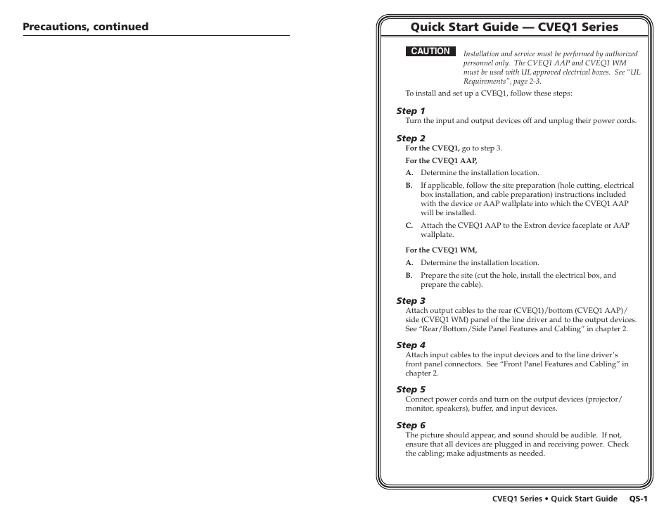 Quick start guide, Quick start guide — cveq1 series, Precautions, continued | Extron Electronics CVEQ1, CVEQ1 WM, CVEQ1 AAP User Manual | Page 4 / 17
