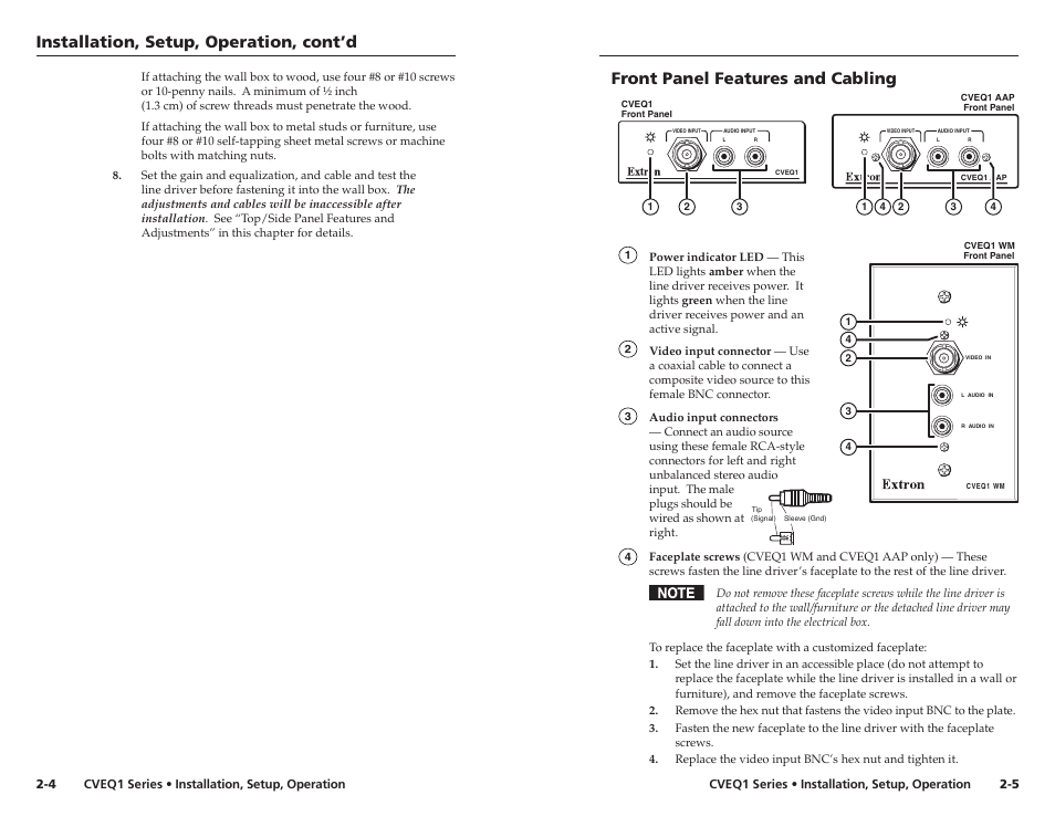 Installation, setup, operation, cont’d, Front panel features and cabling | Extron Electronics CVEQ1, CVEQ1 WM, CVEQ1 AAP User Manual | Page 9 / 17