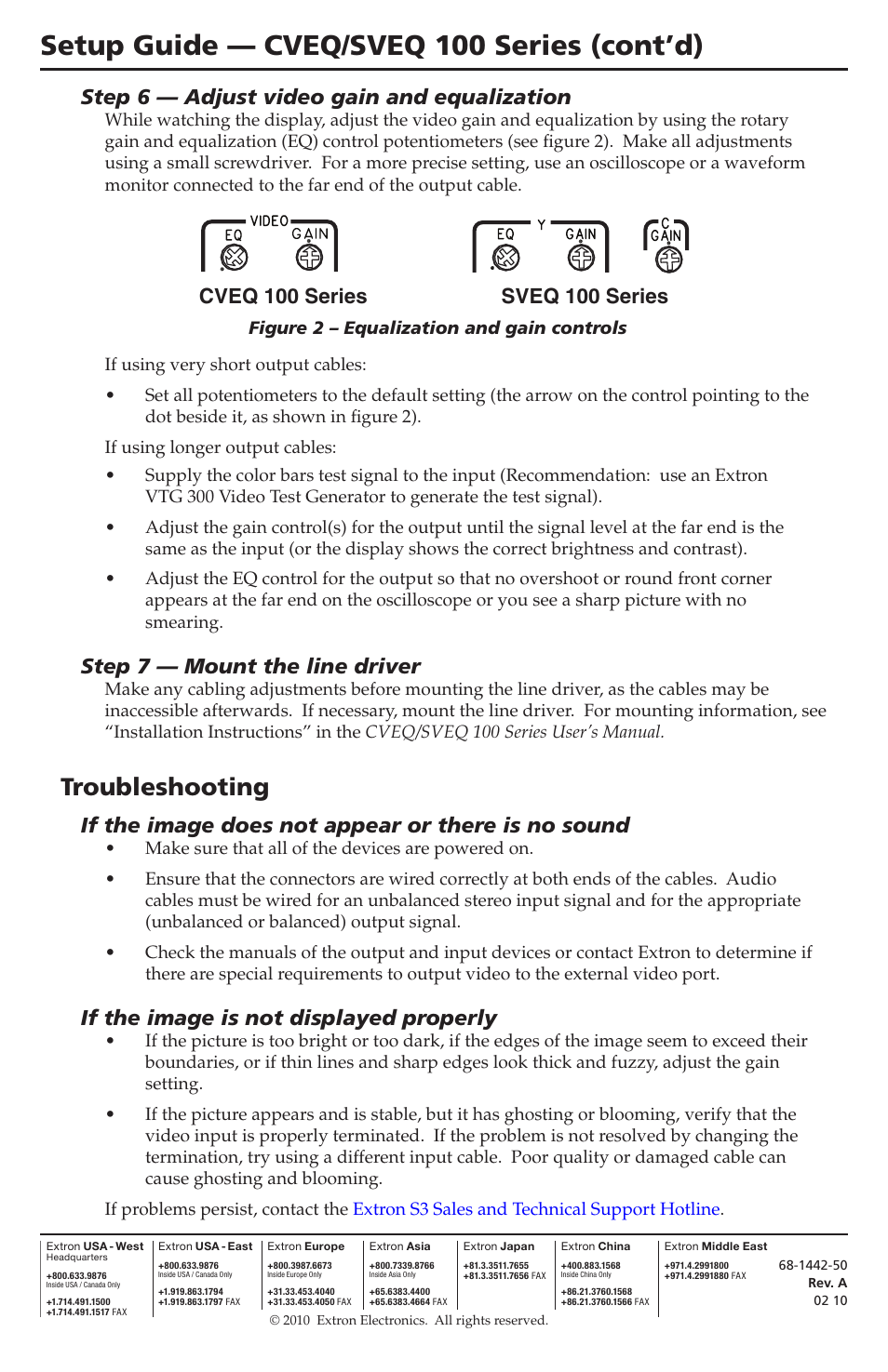 Setup guide — cveq/sveq 100 series (cont’d), Troubleshooting, Step 6 — adjust video gain and equalization | Step 7 — mount the line driver, If the image does not appear or there is no sound, If the image is not displayed properly | Extron Electronics CVEQ_SVEQ 100 Series Setup Guide User Manual | Page 2 / 2