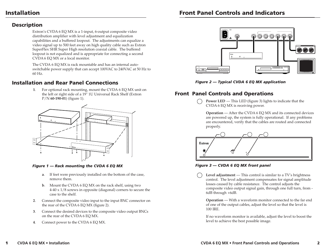 Installation, Front panel controls and indicators, Description | Installation and rear panel connections, Front panel controls and operations | Extron Electronics CVDA 6 EQ MX User Manual | Page 2 / 3