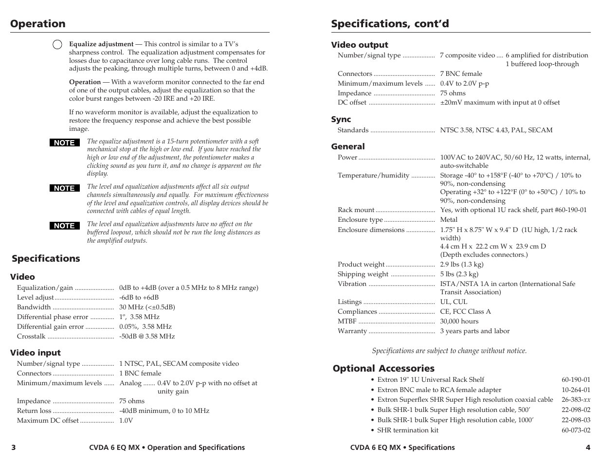 Operation, Specifications, cont’d, Specifications | Optional accessories | Extron Electronics CVDA 6 EQ MX User Manual | Page 3 / 3