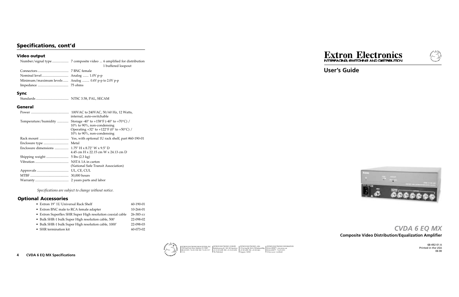 Extron Electronics CVDA 6 EQ MX User Manual | 2 pages