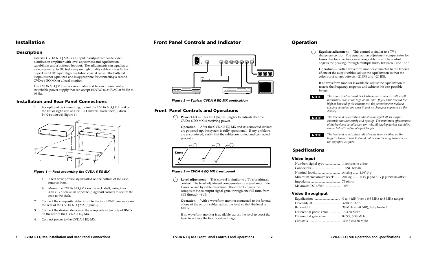 Front panel controls and indicator, Installation, Operation | Description, Installation and rear panel connections, Front panel controls and operations, Specifications, Video input, Video throughput | Extron Electronics CVDA 6 EQ MX User Manual | Page 2 / 2