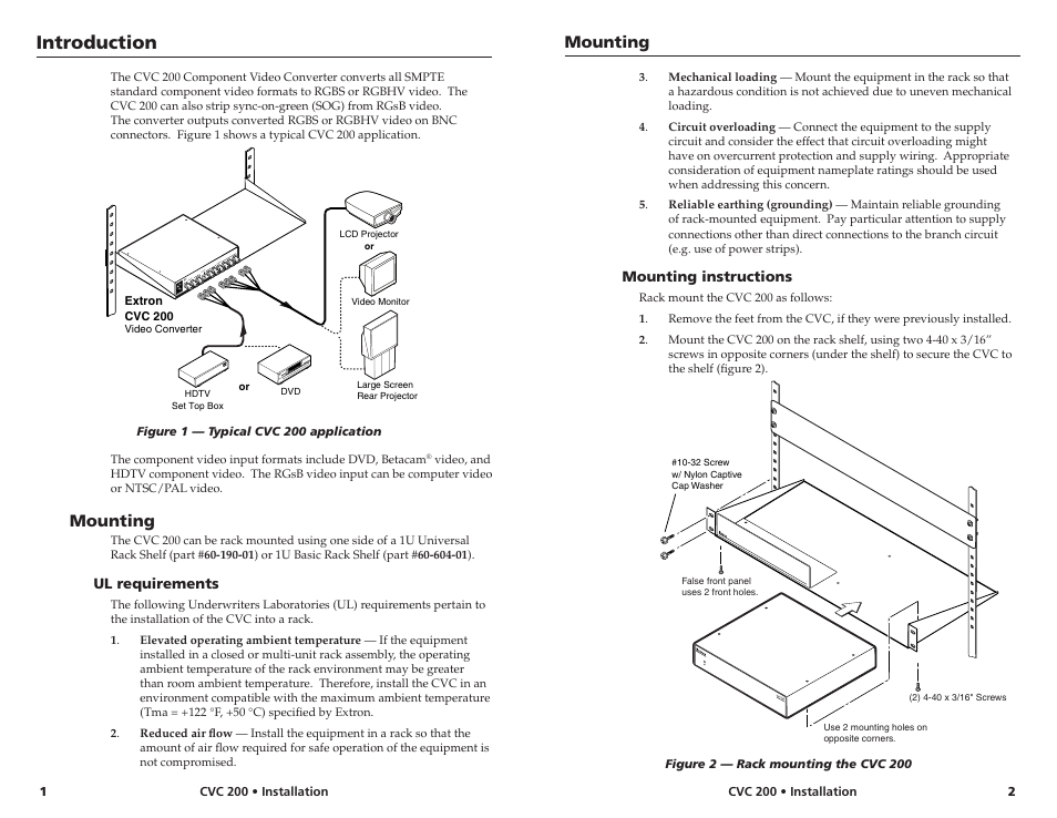Mounting, Ul requirements, Mounting instructions | Introduction, Ou tpu t inp ut fo rm at | Extron Electronics CVC 200 User Manual | Page 2 / 4
