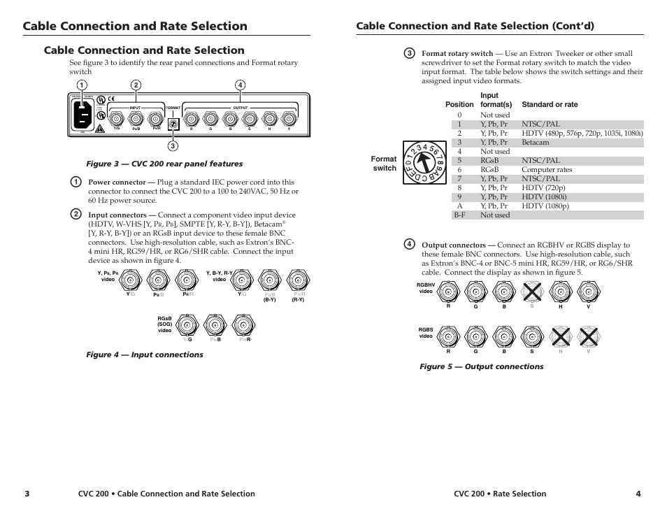 Cable connection and rate selection, Cable connection and rate selection (cont’d) | Extron Electronics CVC 200 User Manual | Page 3 / 4