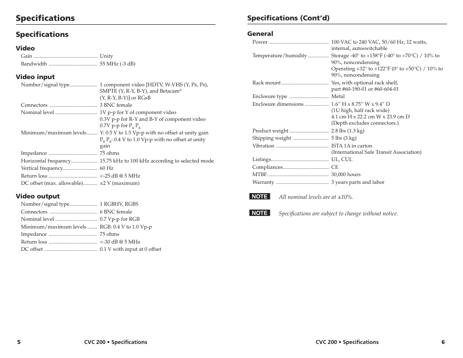 Specifications, Specifications (cont’d) | Extron Electronics CVC 200 User Manual | Page 4 / 4