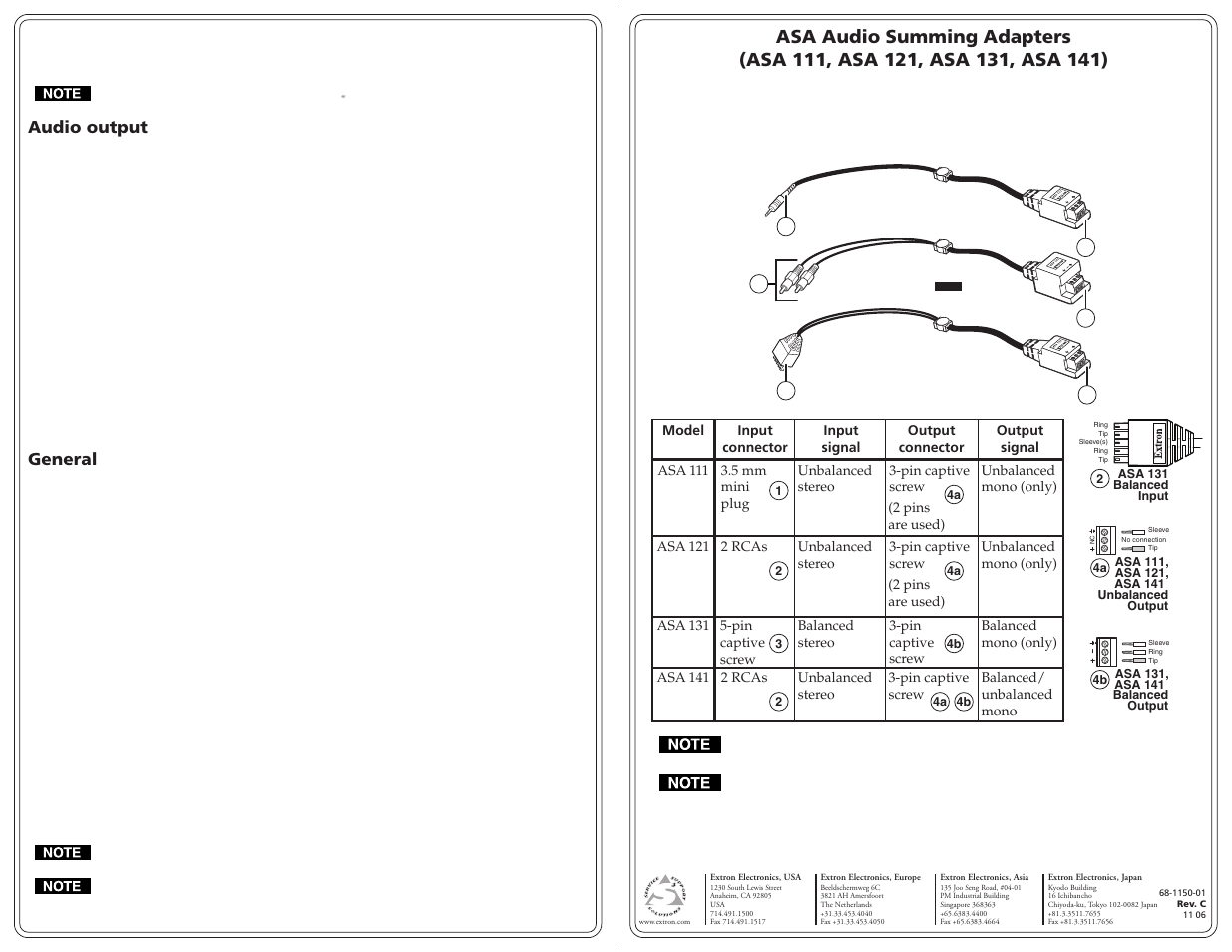 Extron Electronics ASA 111, ASA 121, ASA 131, ASA 141 Adapters User Manual | 2 pages