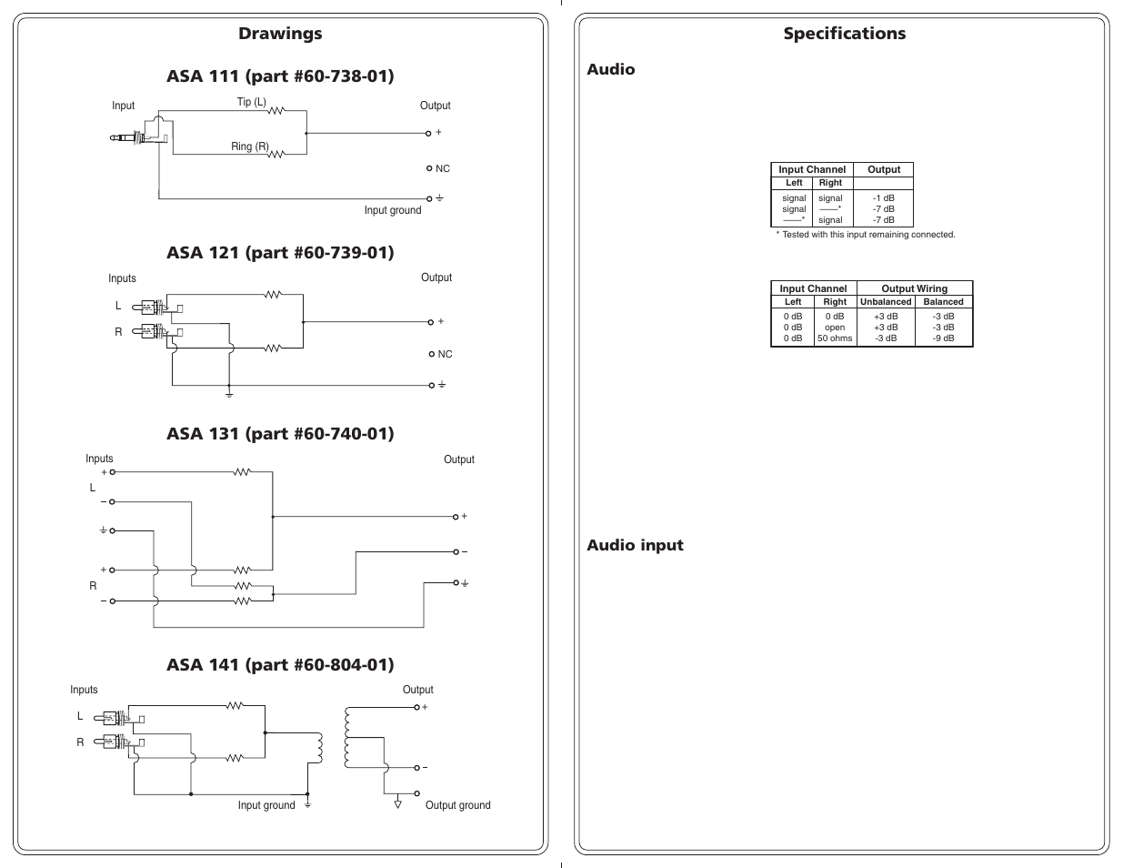 Specifications, Audio, Audio input | Extron Electronics ASA 111, ASA 121, ASA 131, ASA 141 Adapters User Manual | Page 2 / 2